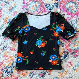NWT S Ann Taylor LOFT Outlet Puff Sleeve Black Floral Top